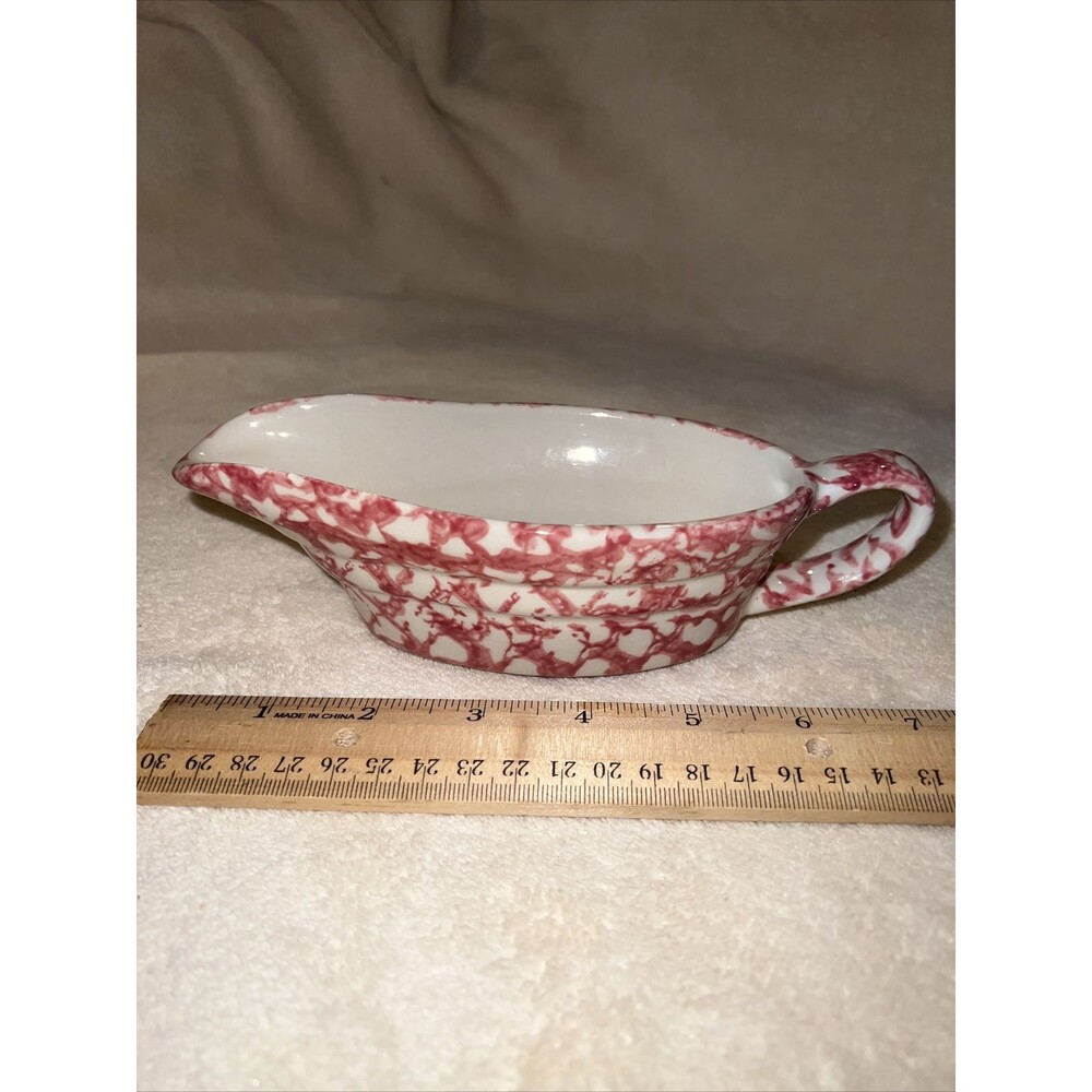 Workshops of Gerald E. Henn Pottery Red Pink Spongeware Gravy Boat Large Vintage